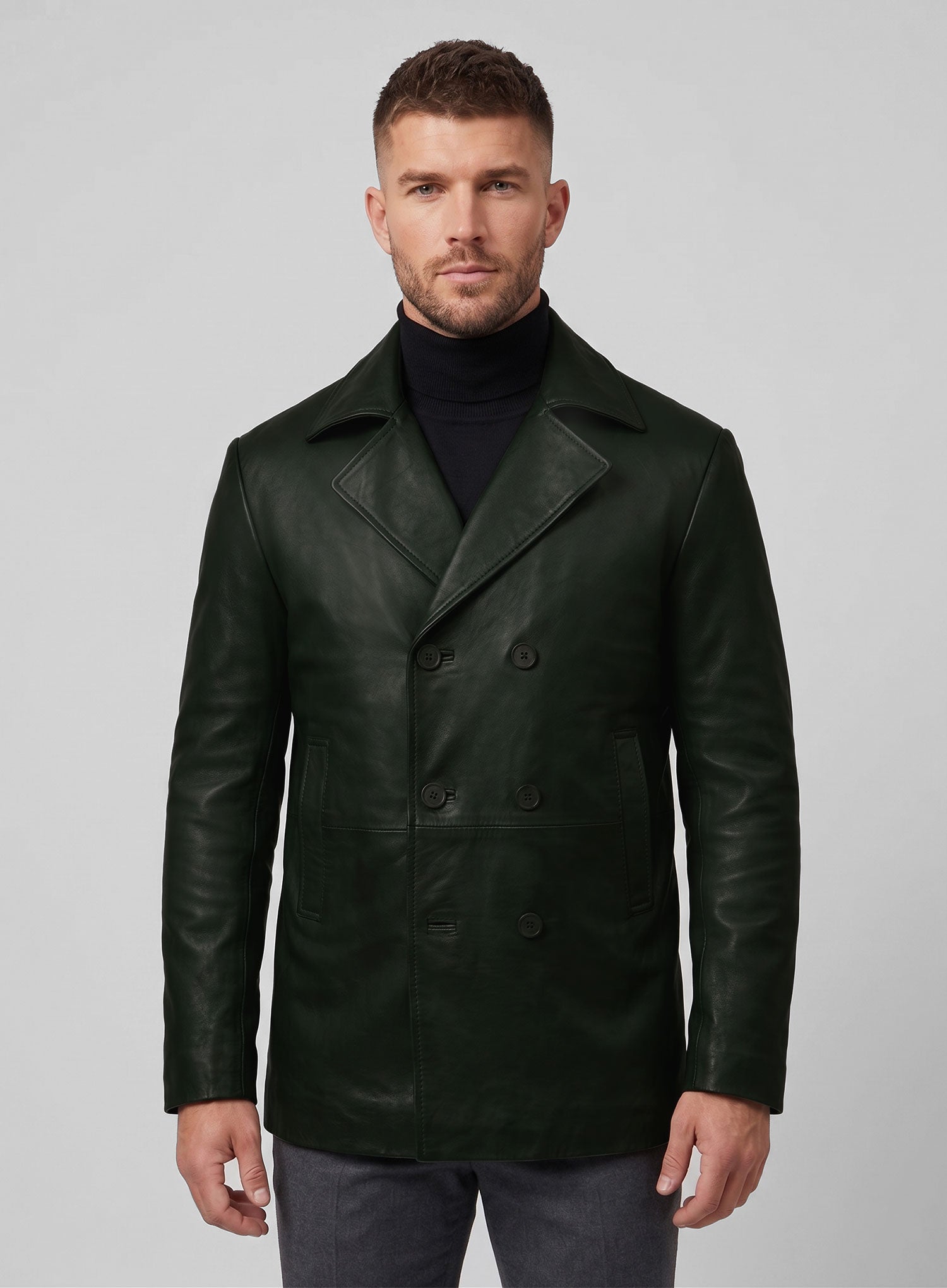 Soft Deep Olive Leather Pea Coat - StudioSuits