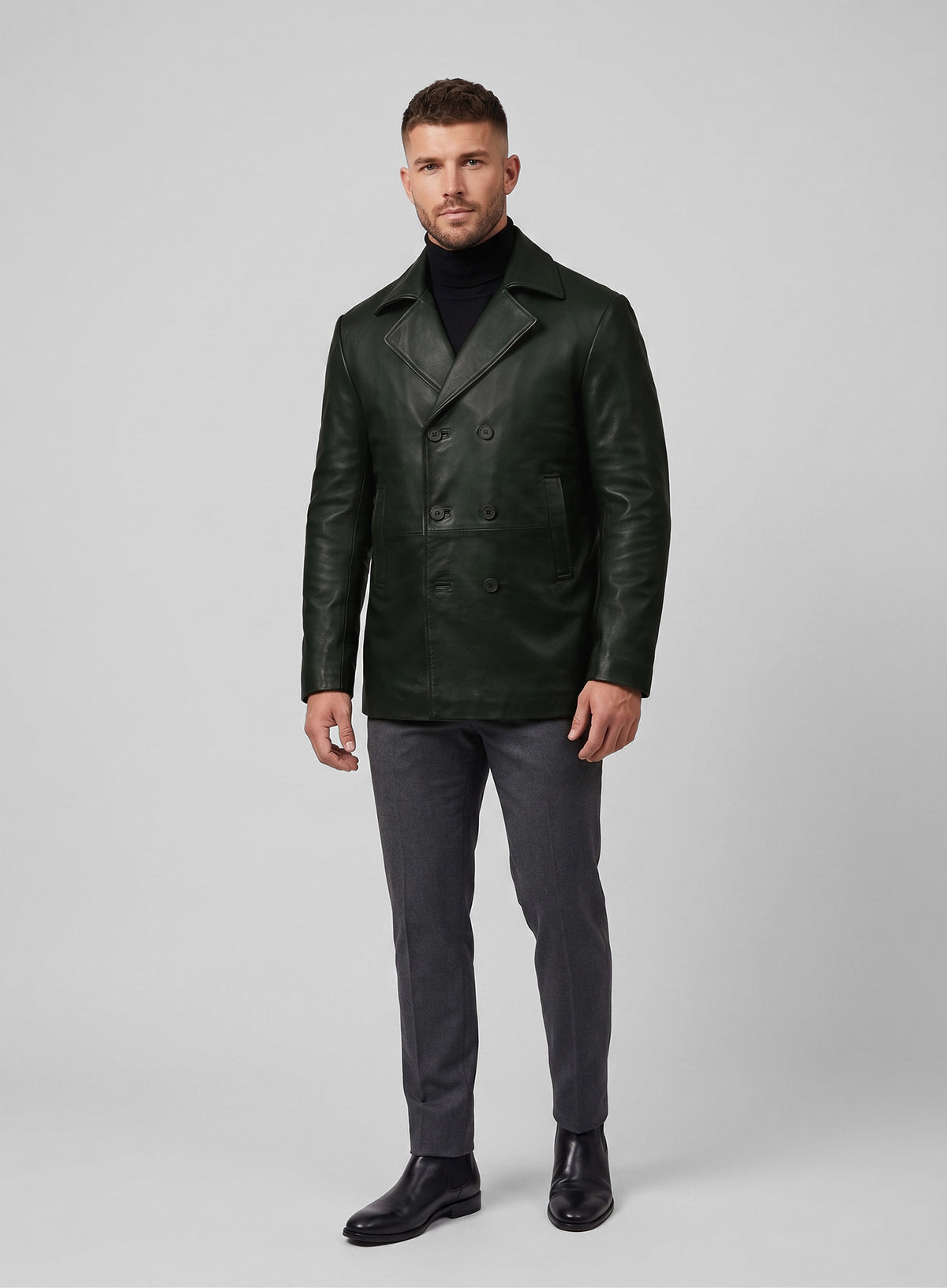 Soft Deep Olive Leather Pea Coat - StudioSuits