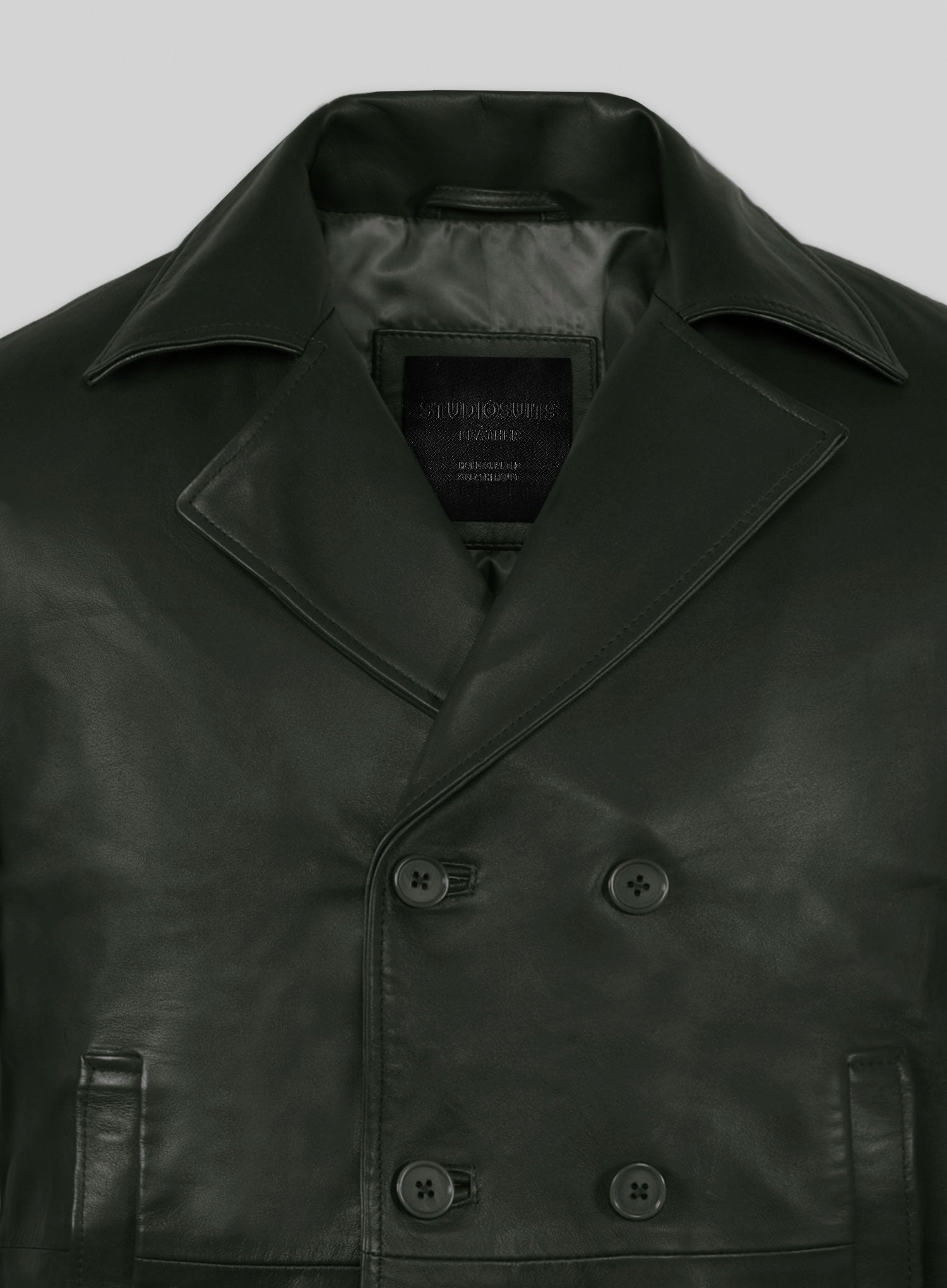 Soft Deep Olive Leather Pea Coat - StudioSuits