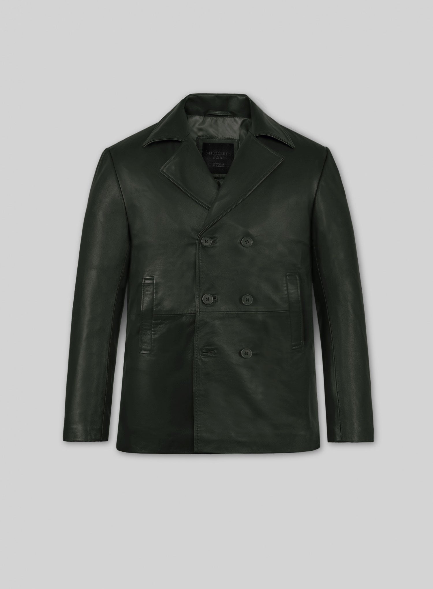 Soft Deep Olive Leather Pea Coat - StudioSuits