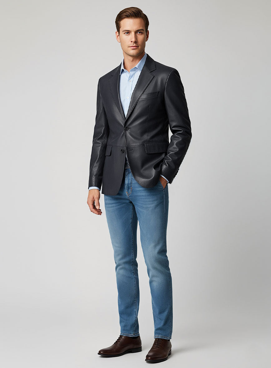 Soft Deep Blue Leather Blazer - StudioSuits