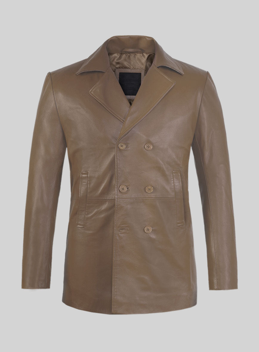 Soft King Brown Leather Pea Coat - StudioSuits
