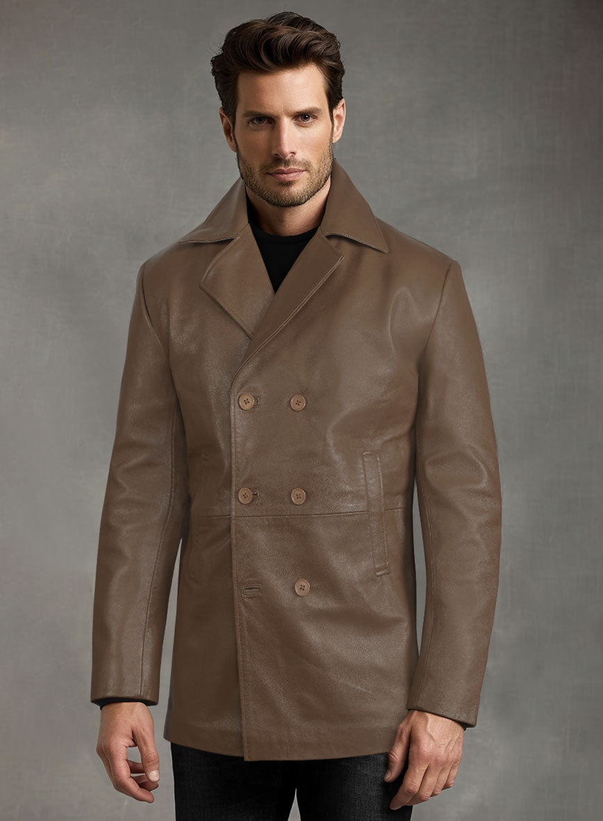 Soft King Brown Leather Pea Coat - StudioSuits