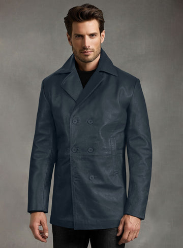Soft Winsor Blue Leather Pea Coat - StudioSuits