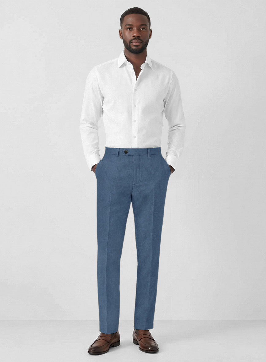 Solbiati Art Du Lin Dark Pastel Blue Linen Pants - StudioSuits
