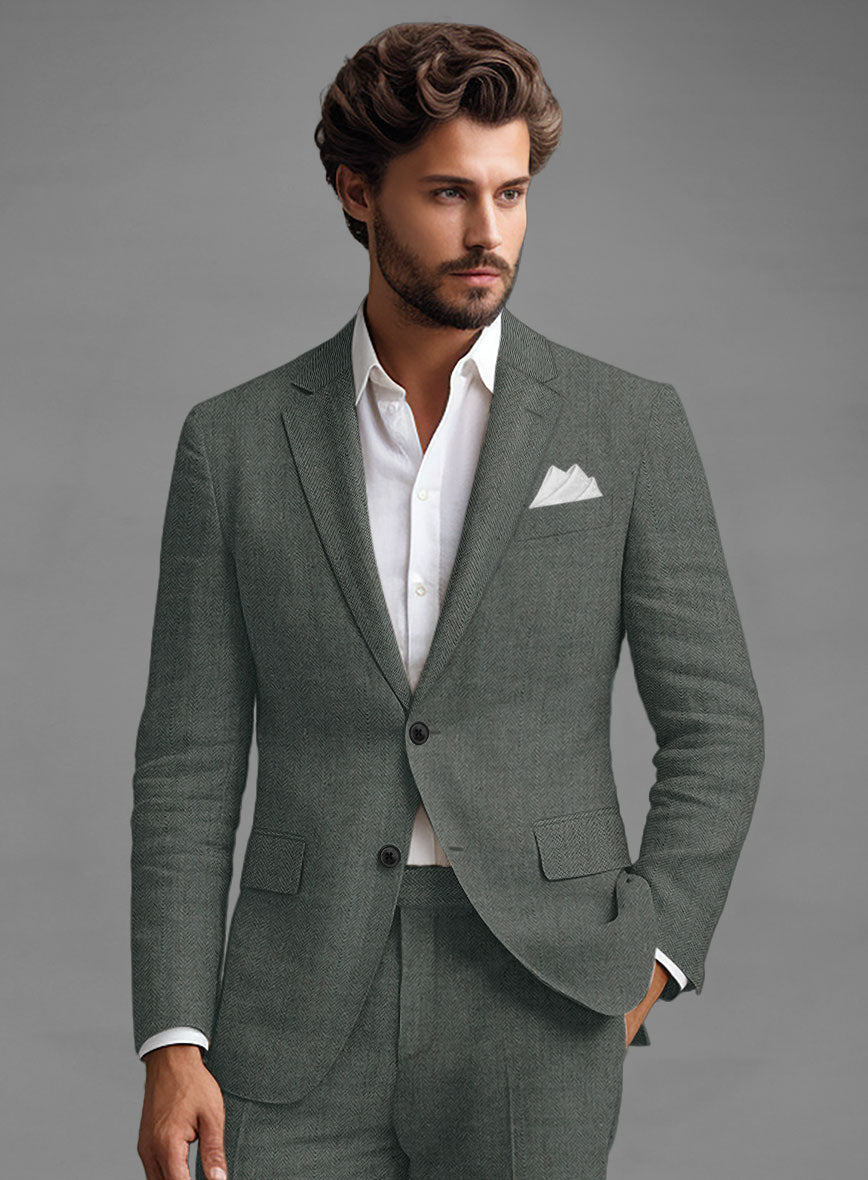 Solbiati Blue Green Herringbone Linen Jacket - StudioSuits