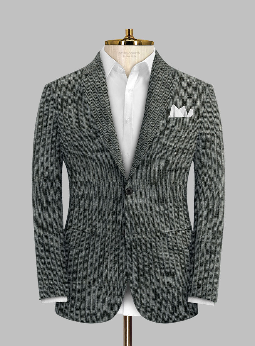 Solbiati Blue Green Herringbone Linen Jacket - StudioSuits