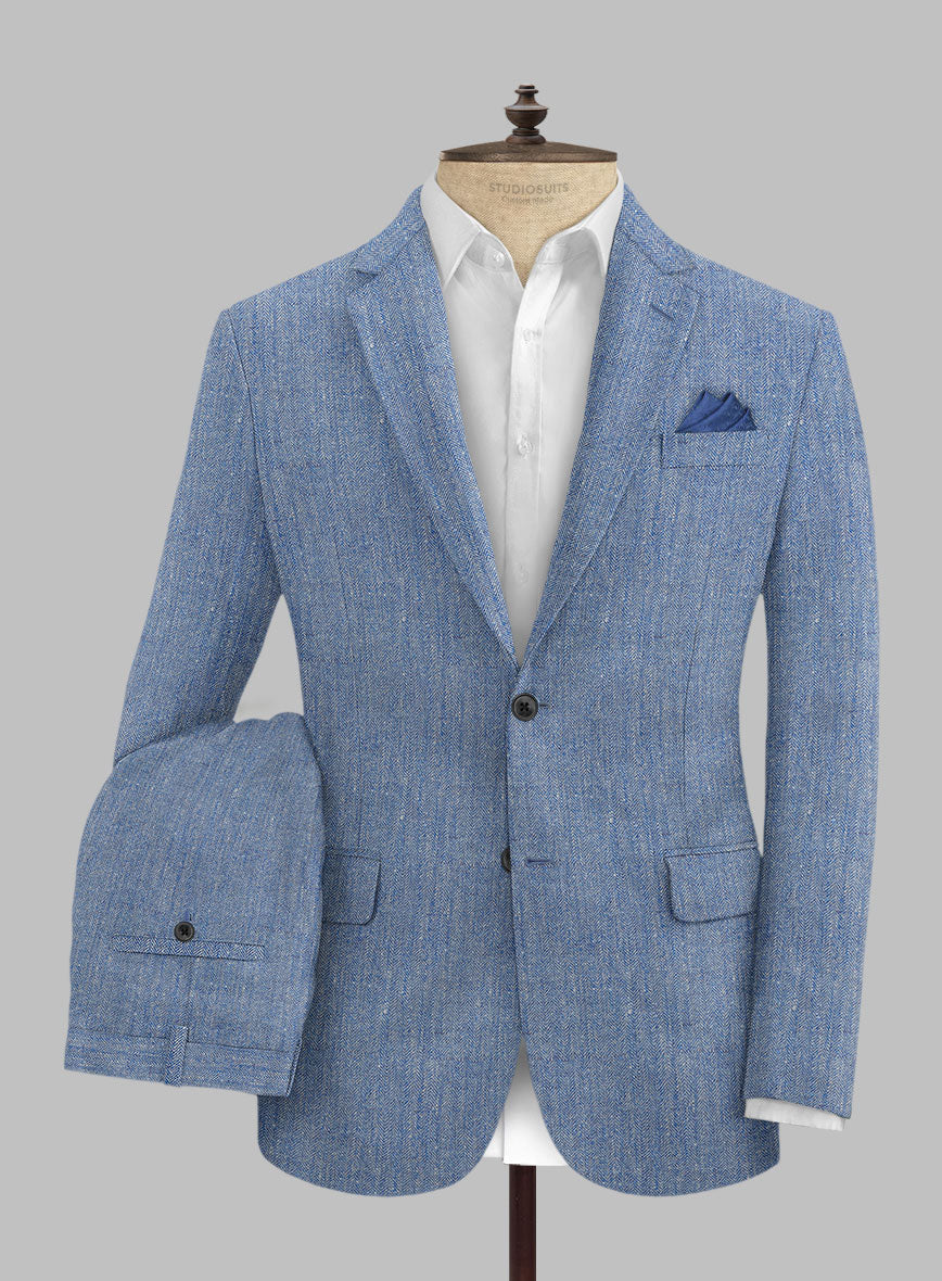 Solbiati Blue Herringbone Linen Suit - StudioSuits