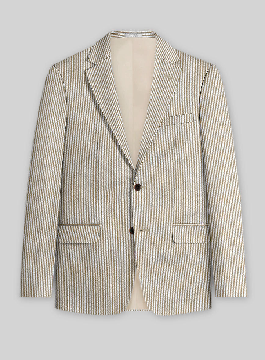 Telaio Uomo Blu Seersucker A Righe Larghe - Taglio Slim Monopetto Con Risvolto A Lancia - Personalizzabile
