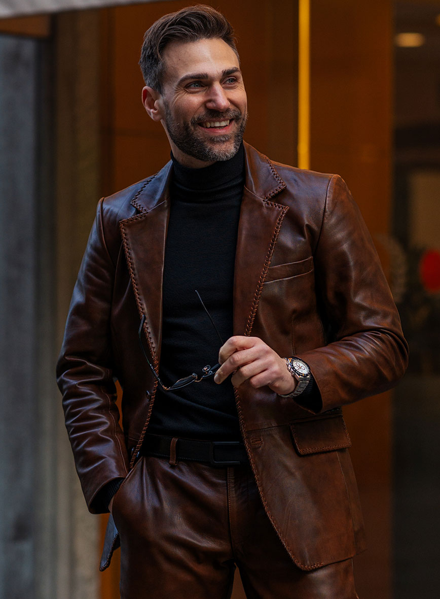 Spanish Brown Medieval Leather Blazer - StudioSuits