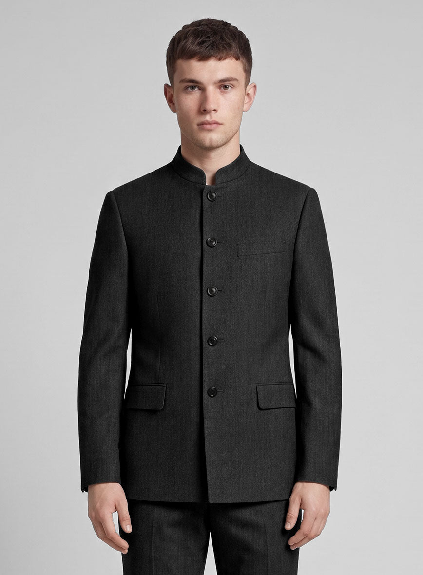 Stretch Charcoal Wool Nehru Jacket - StudioSuits