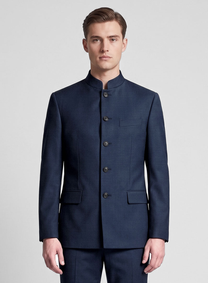 Stretch Royal Blue Wool Nehru Jacket - StudioSuits