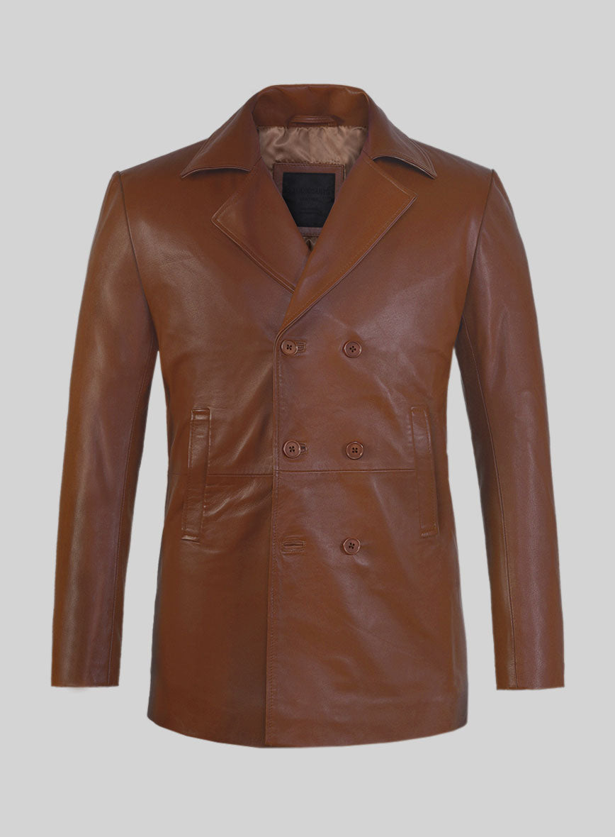 Tan Brown Leather Pea Coat - StudioSuits