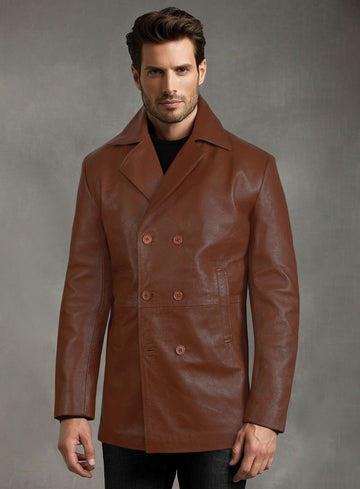 Tan Brown Leather Pea Coat - StudioSuits