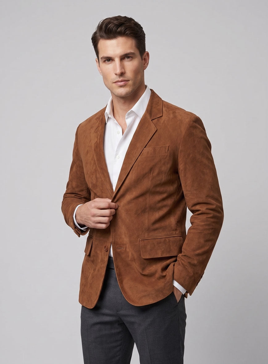 Tan Brown Suede Leather Blazer - StudioSuits