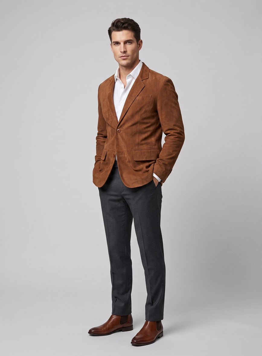 Tan Brown Suede Leather Blazer - StudioSuits