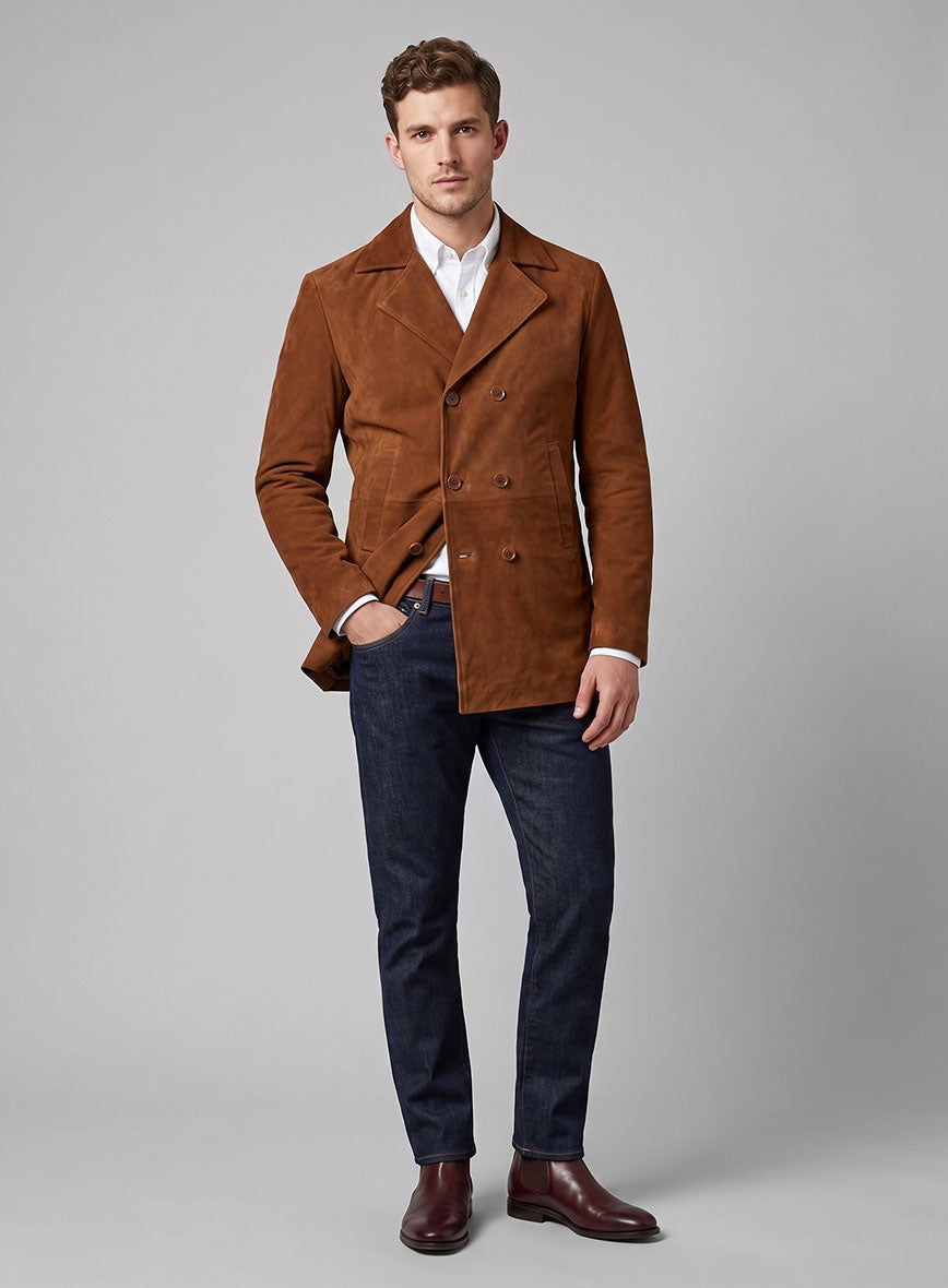 Tan Brown Suede Leather Pea Coat - StudioSuits
