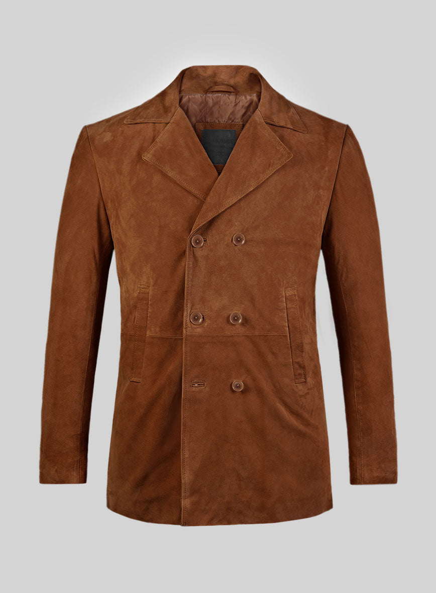 Tan Brown Suede Leather Pea Coat - StudioSuits