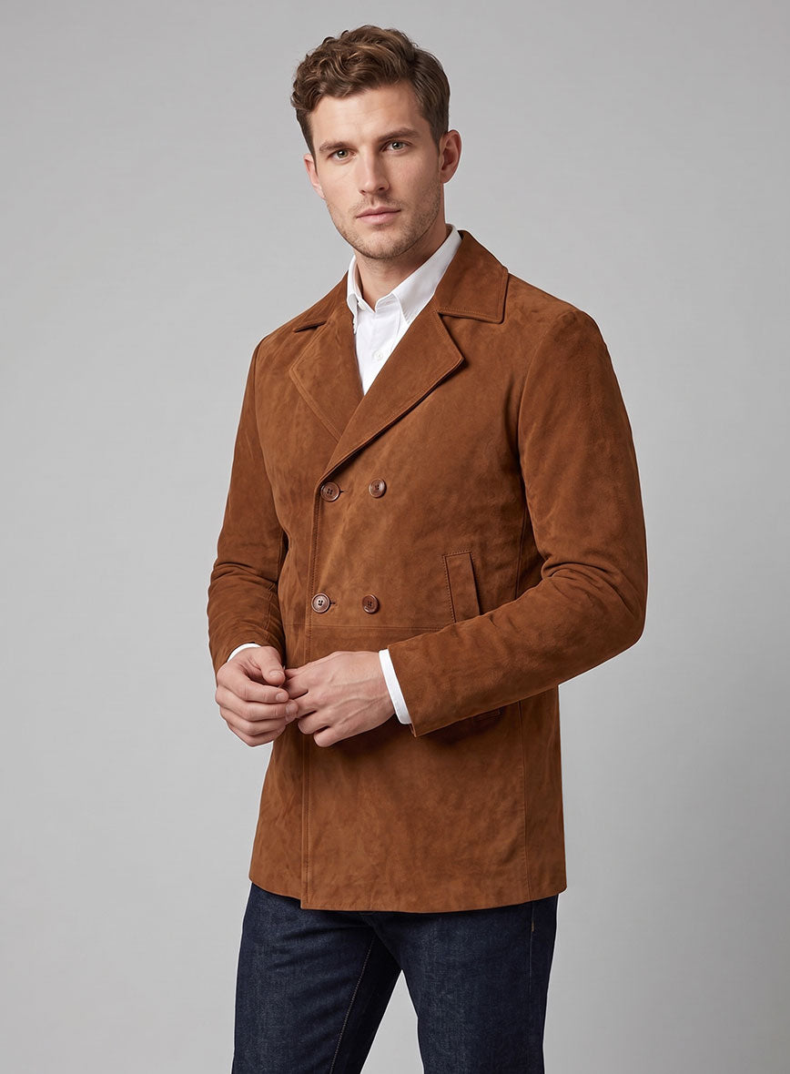 Tan Brown Suede Leather Pea Coat - StudioSuits