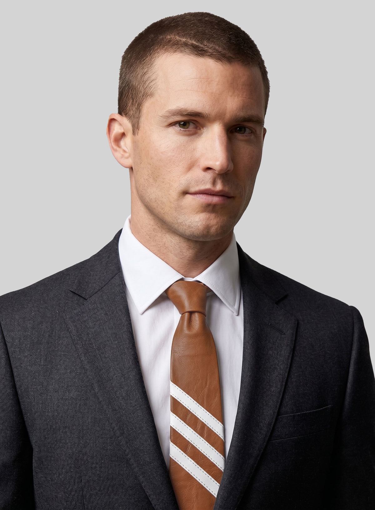 Tarrain Brown Triple Stripe Leather Tie - StudioSuits