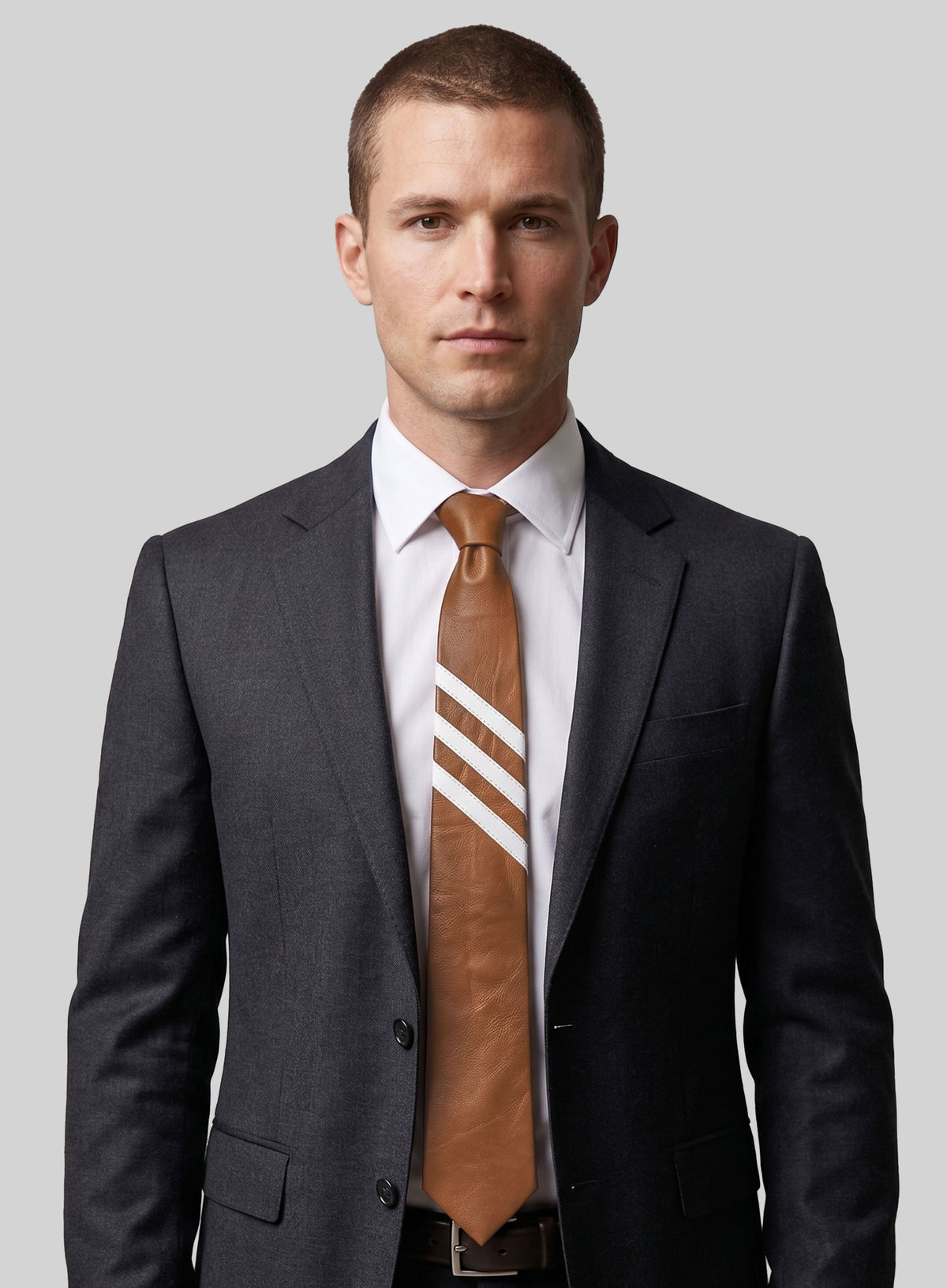 Tarrain Brown Triple Stripe Leather Tie - StudioSuits