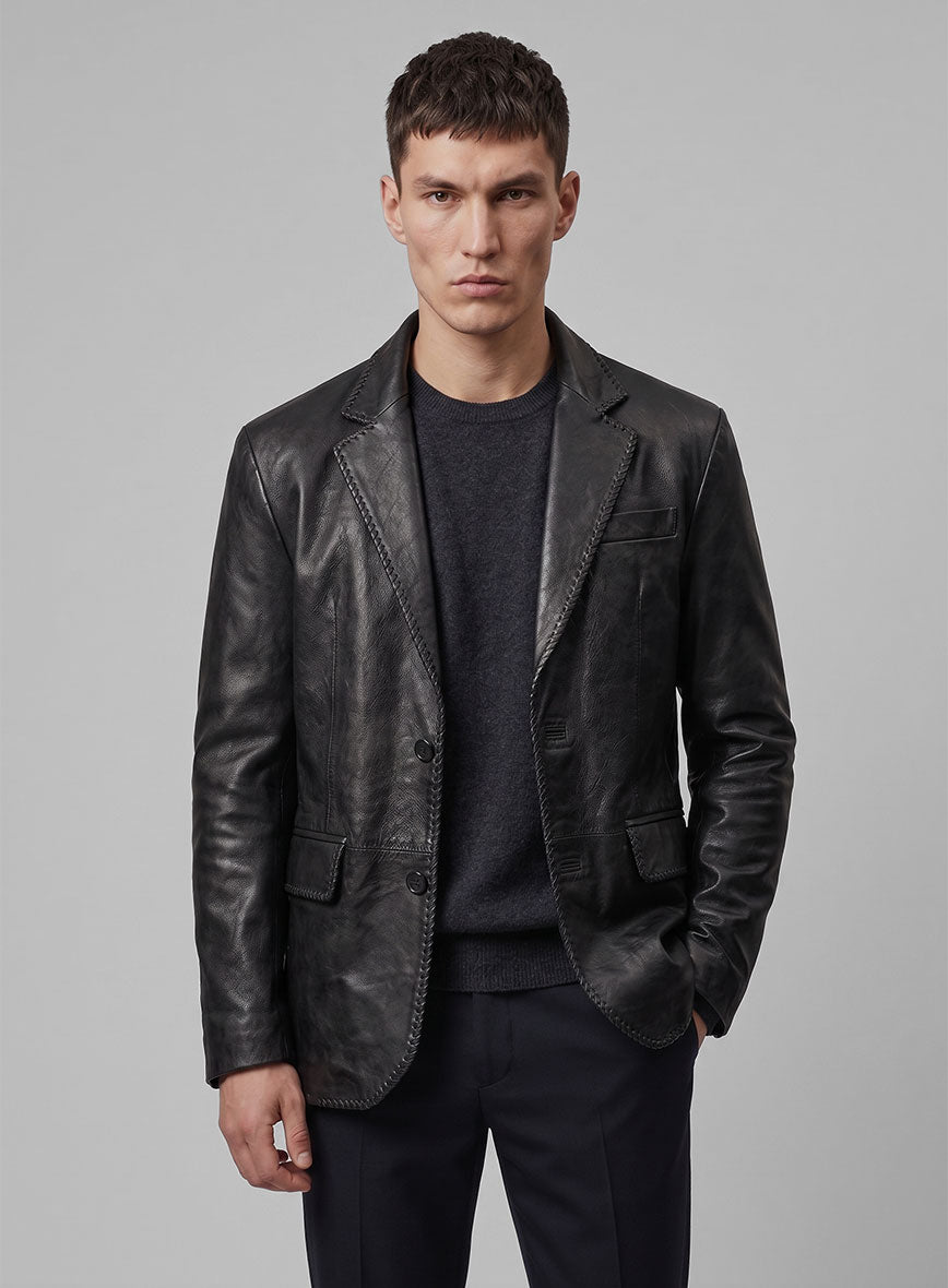 Thick Goat Black Washed & Wax Medieval Leather Blazer - StudioSuits