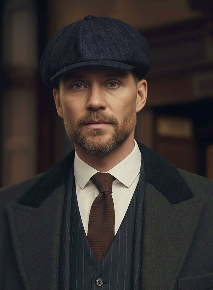Thomas Shelby Peaky Blinders Stripe Blue Wool Newsboy Cap - StudioSuits