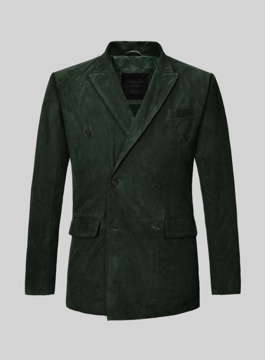 Timber Green Suede Double Breasted Leather Blazer - StudioSuits