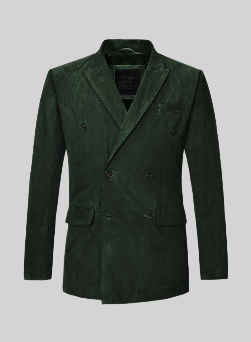 Timber Green Suede Double Breasted Leather Blazer - StudioSuits