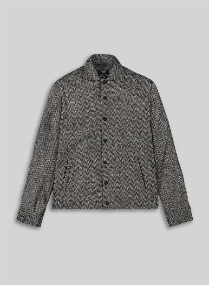 Trucker Gray Herringbone Flecks Donegal Tweed Shirt - StudioSuits