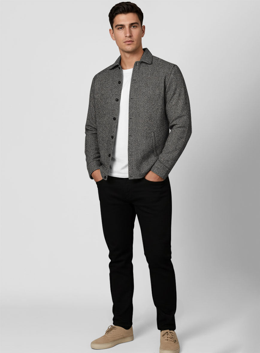 Trucker Gray Herringbone Flecks Donegal Tweed Shirt - StudioSuits