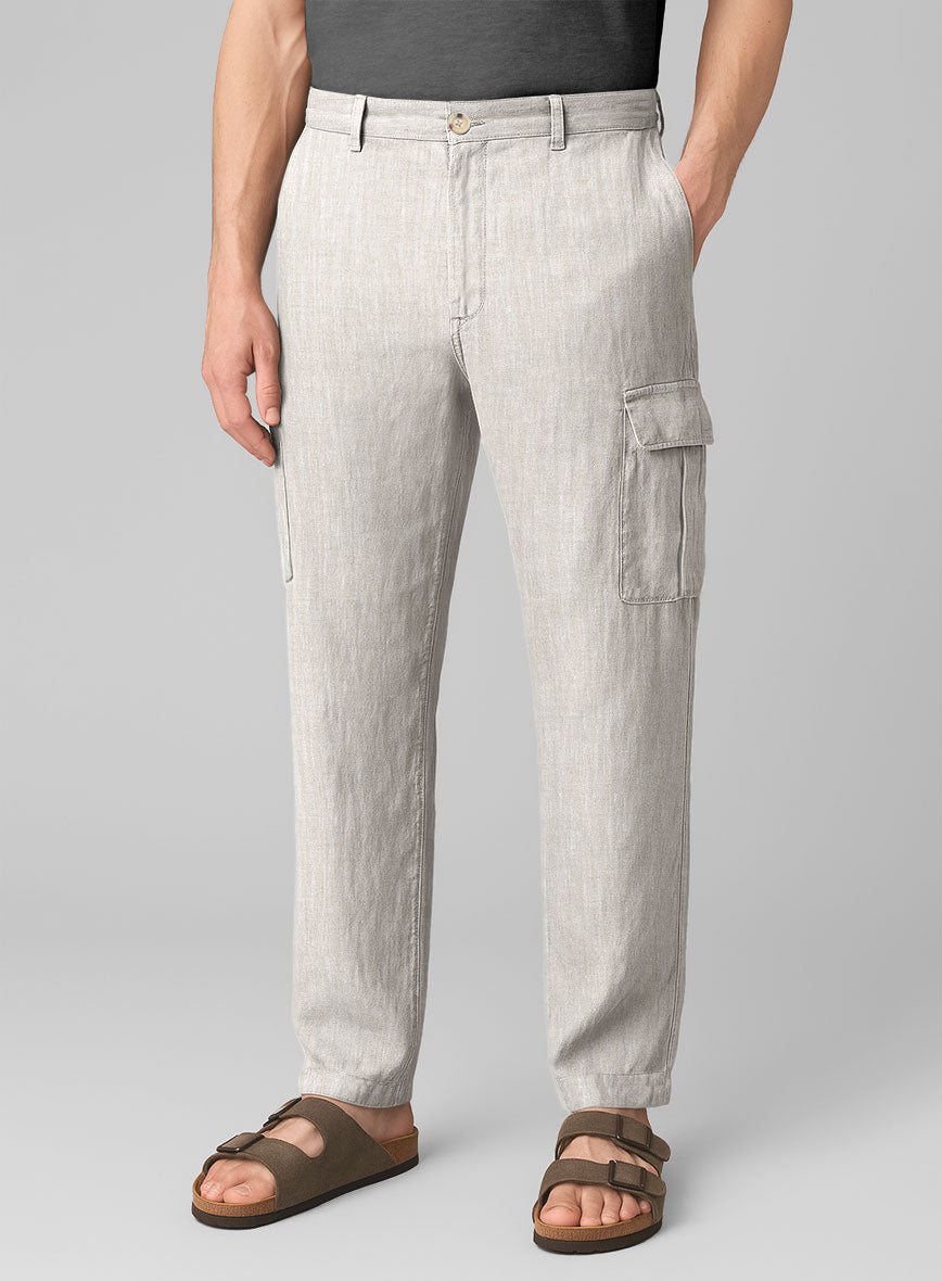 Tropical Beige Linen Cargo Pants - StudioSuits