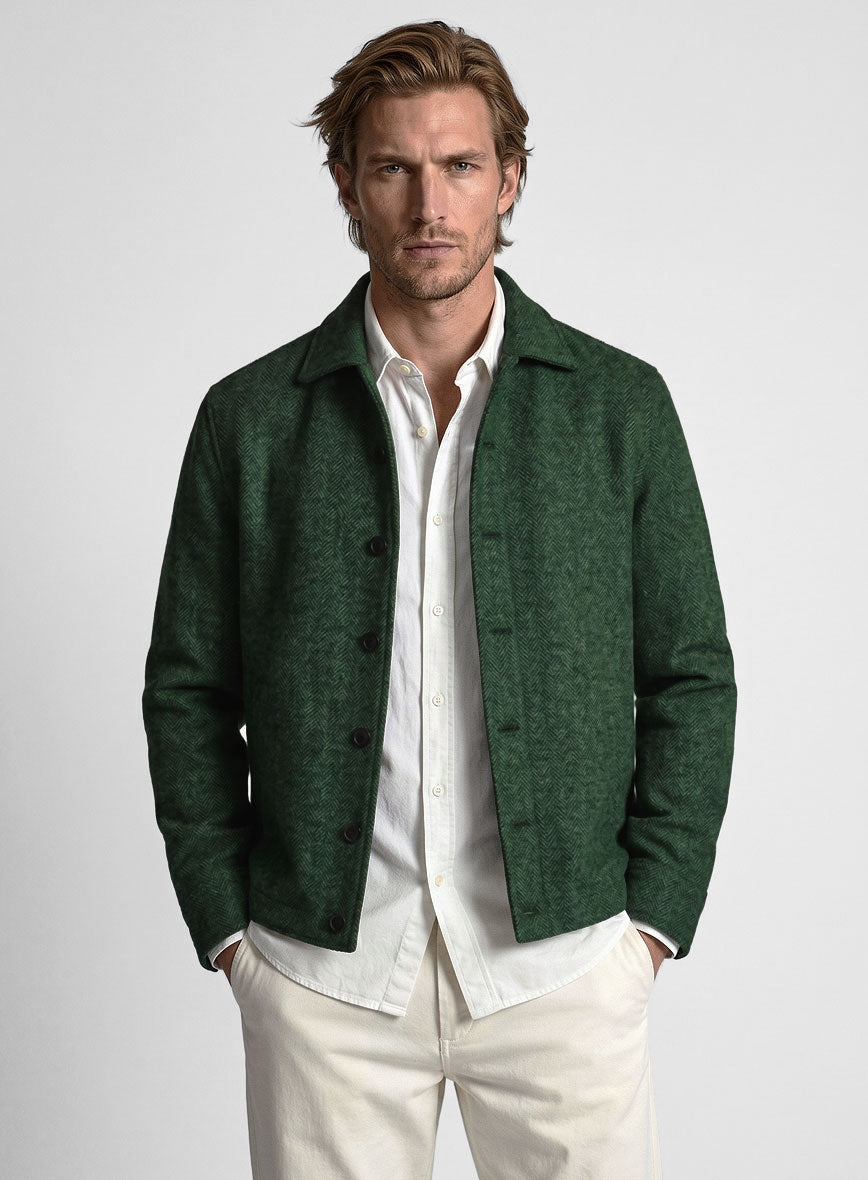 Trucker Bottle Green Herringbone Tweed Shirt - StudioSuits