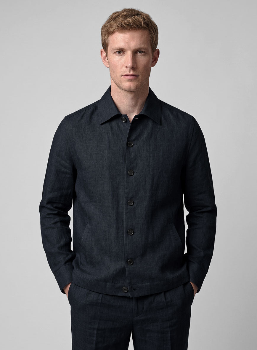 Trucker Dark Blue Linen Shirt - StudioSuits