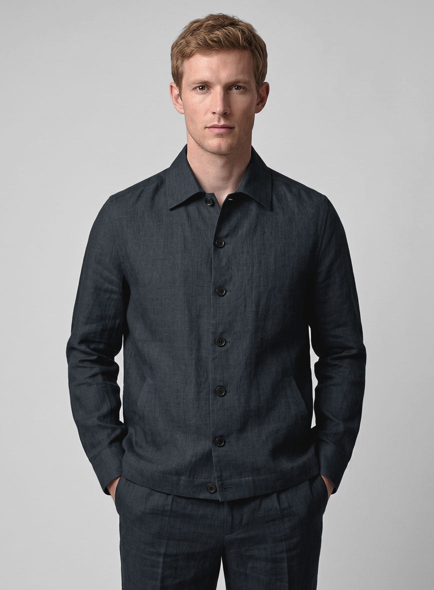 Trucker Dark Blue Linen Shirt - StudioSuits
