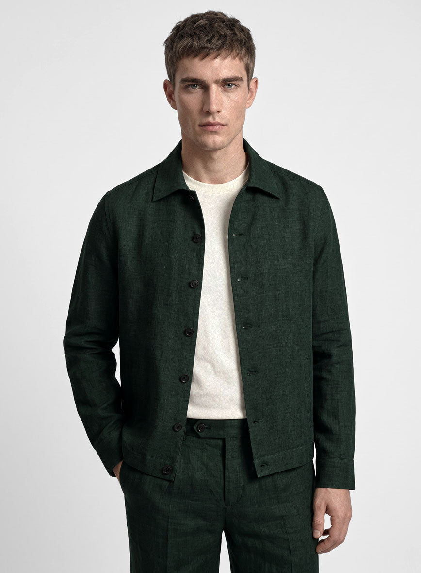 Trucker Dark Bottle Green Linen Shirt - StudioSuits