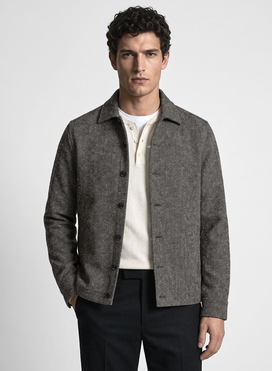 Trucker Gray Herringbone Flecks Donegal Tweed Shirt - StudioSuits