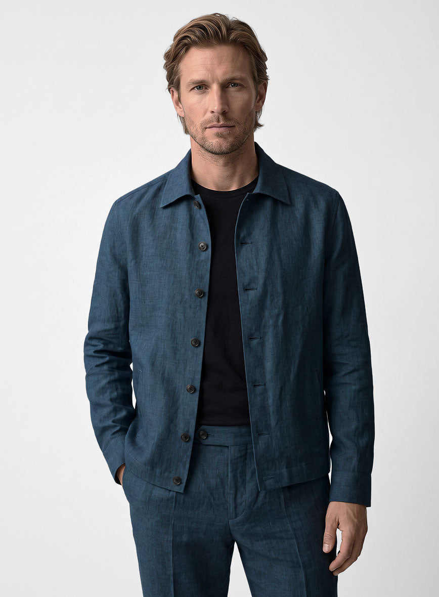 Trucker Indigo Blue Linen Shirt - StudioSuits