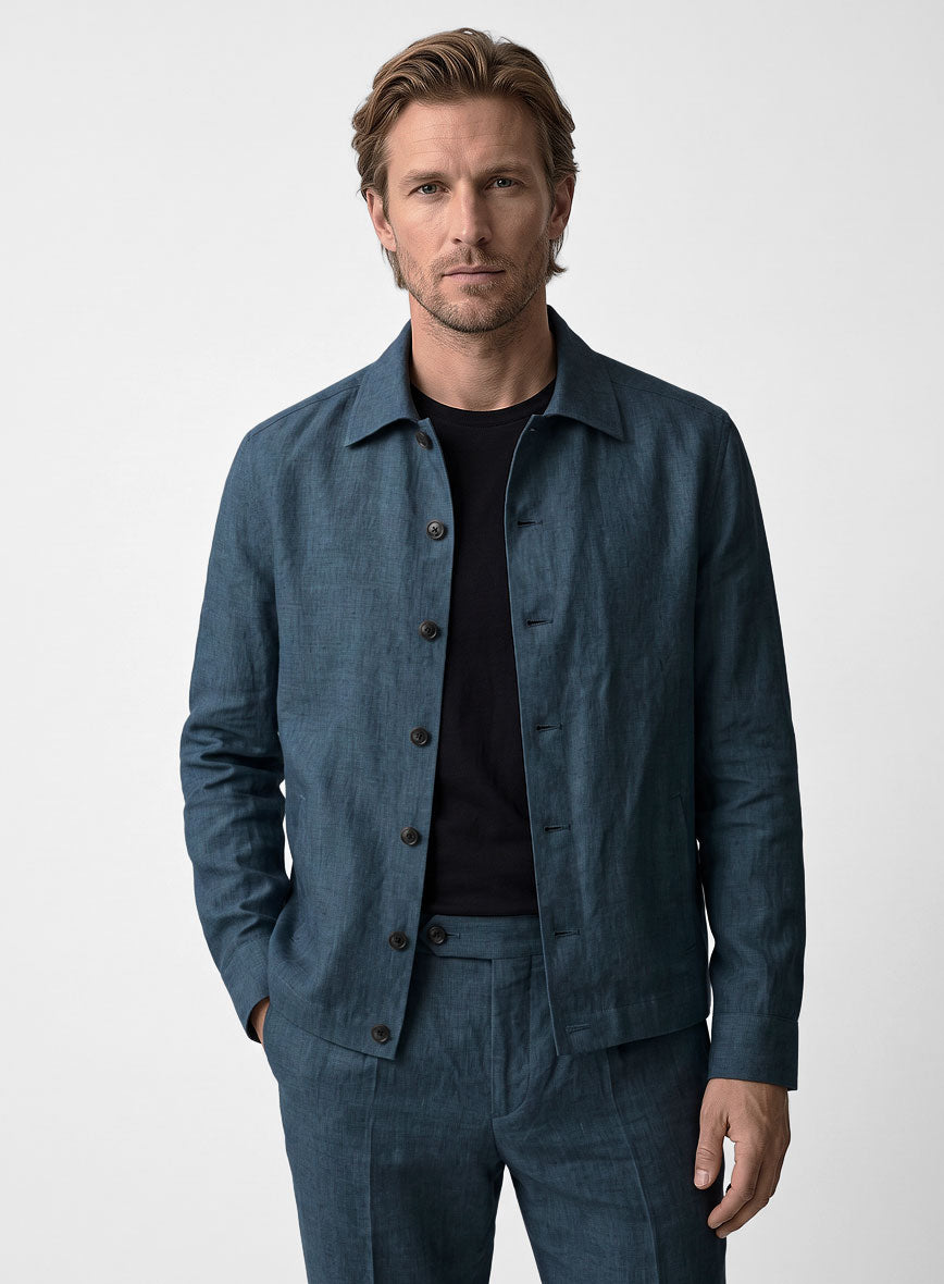 Trucker Indigo Blue Linen Shirt - StudioSuits