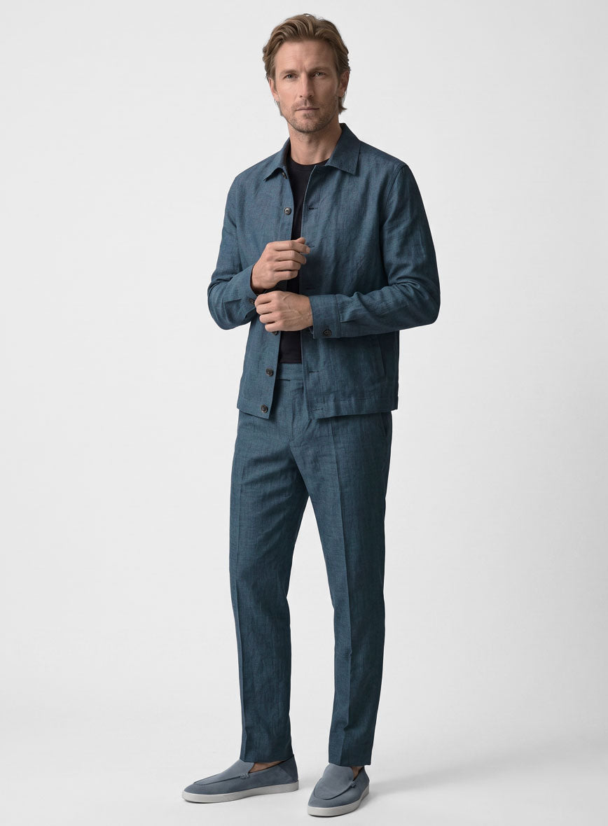 Trucker Indigo Blue Linen Shirt - StudioSuits