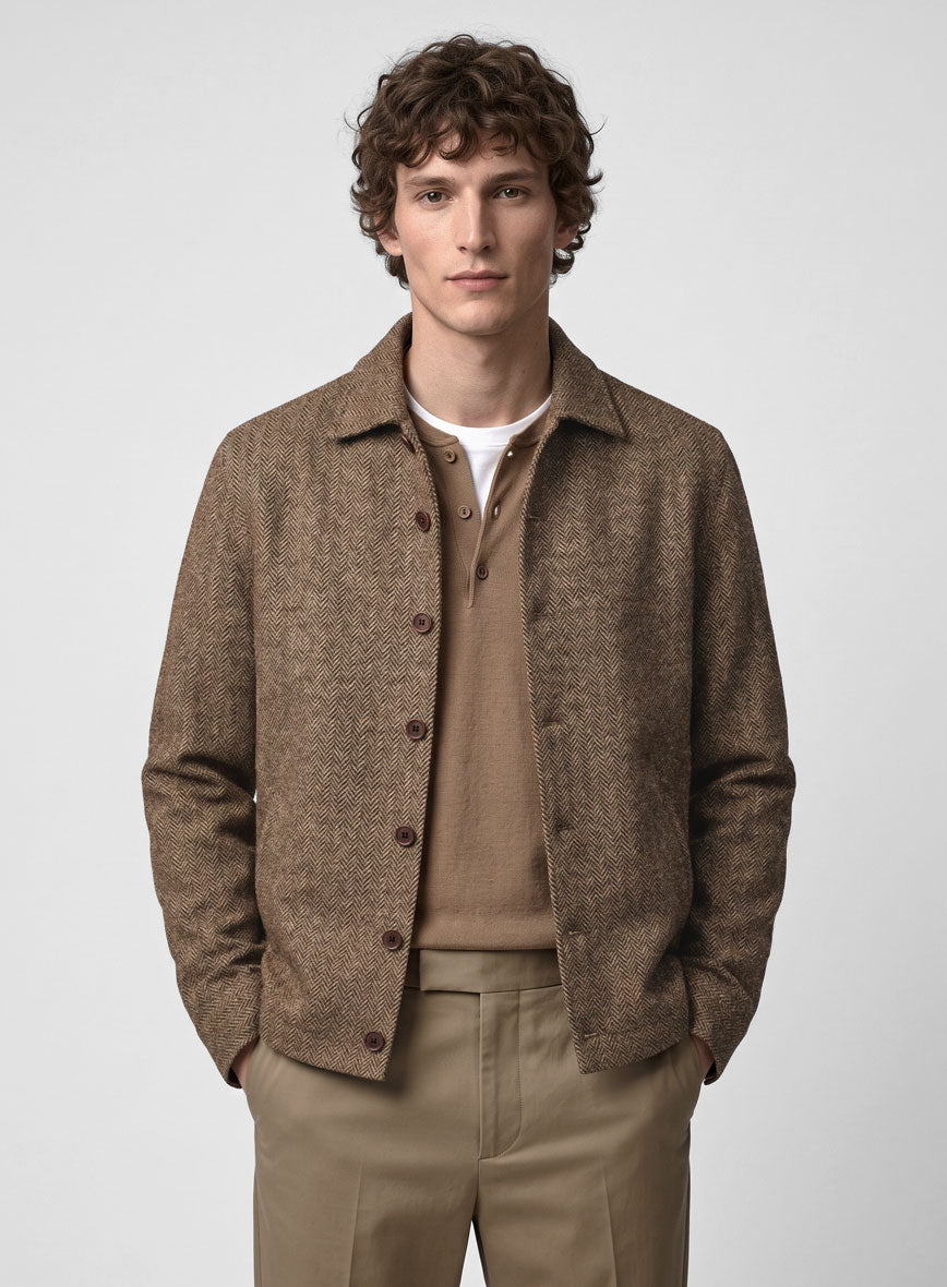 Trucker Irish Brown Herringbone Tweed Shirt - StudioSuits