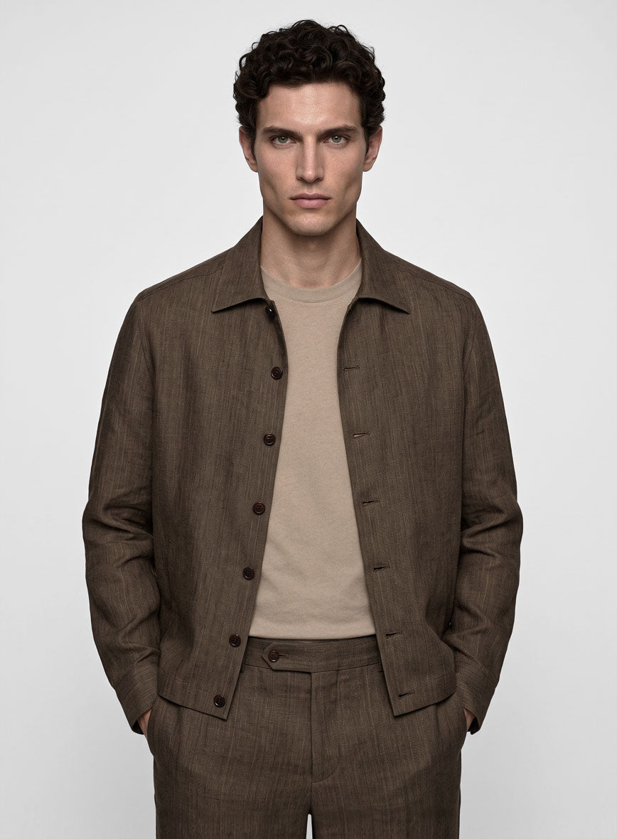 Trucker Italian Brown Linen Shirt - StudioSuits
