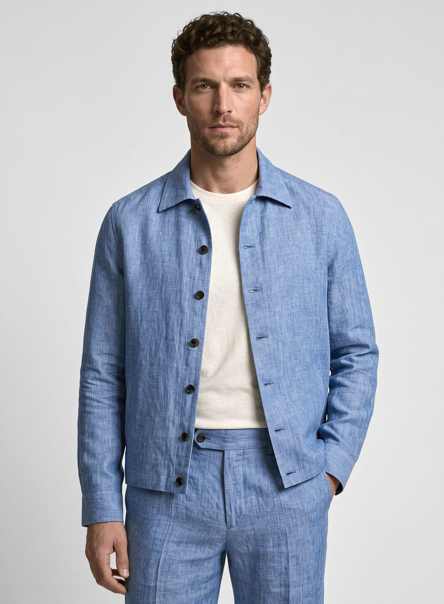 Trucker Italian Nile Blue Linen Shirt - StudioSuits