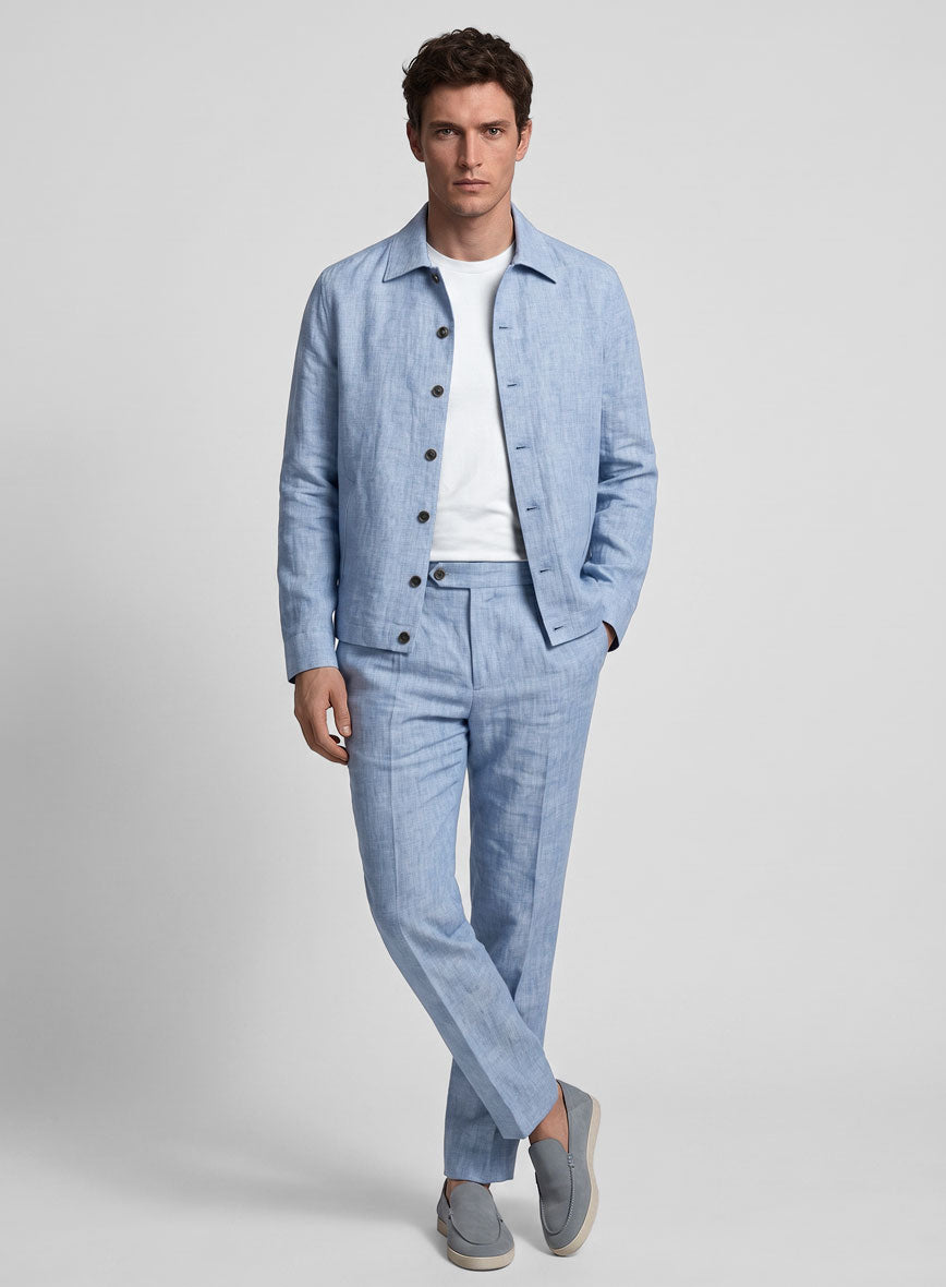 Trucker Italian Sky Blue Linen Shirt - StudioSuits