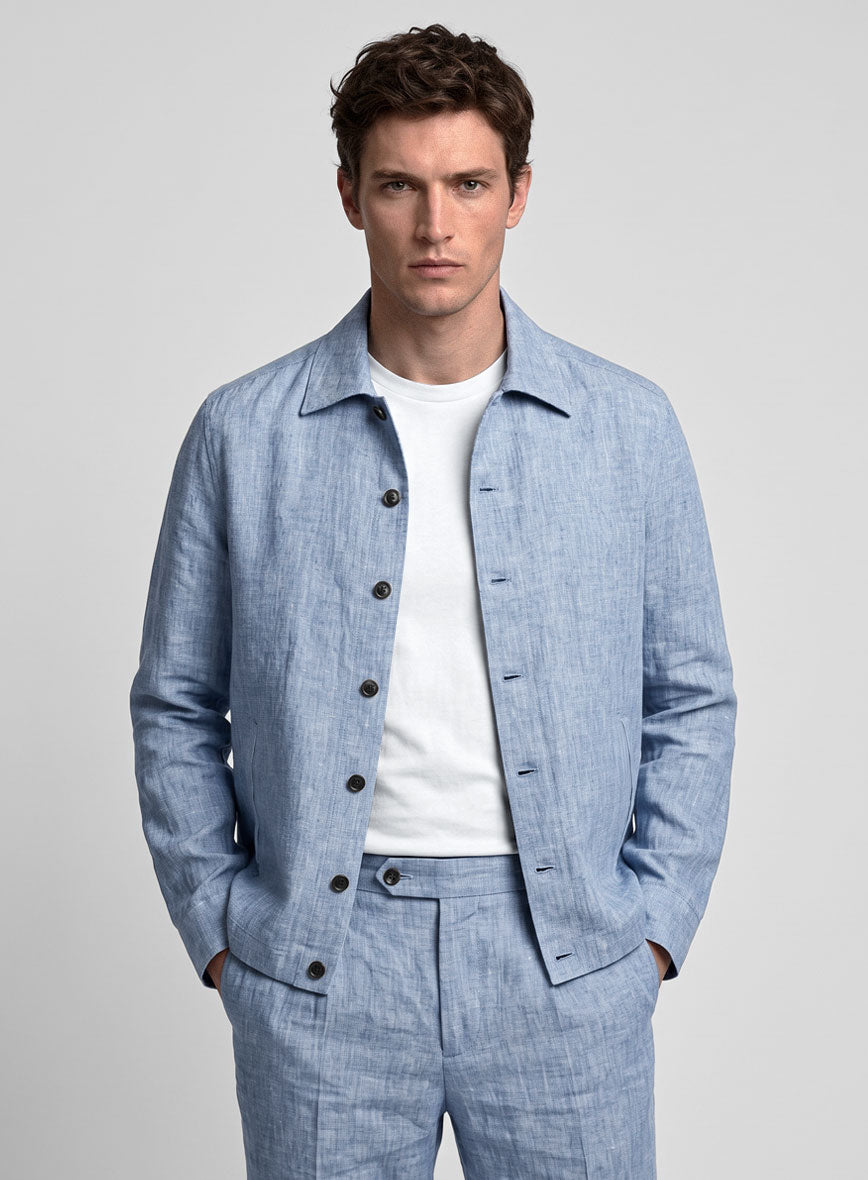 Trucker Italian Sky Blue Linen Shirt - StudioSuits