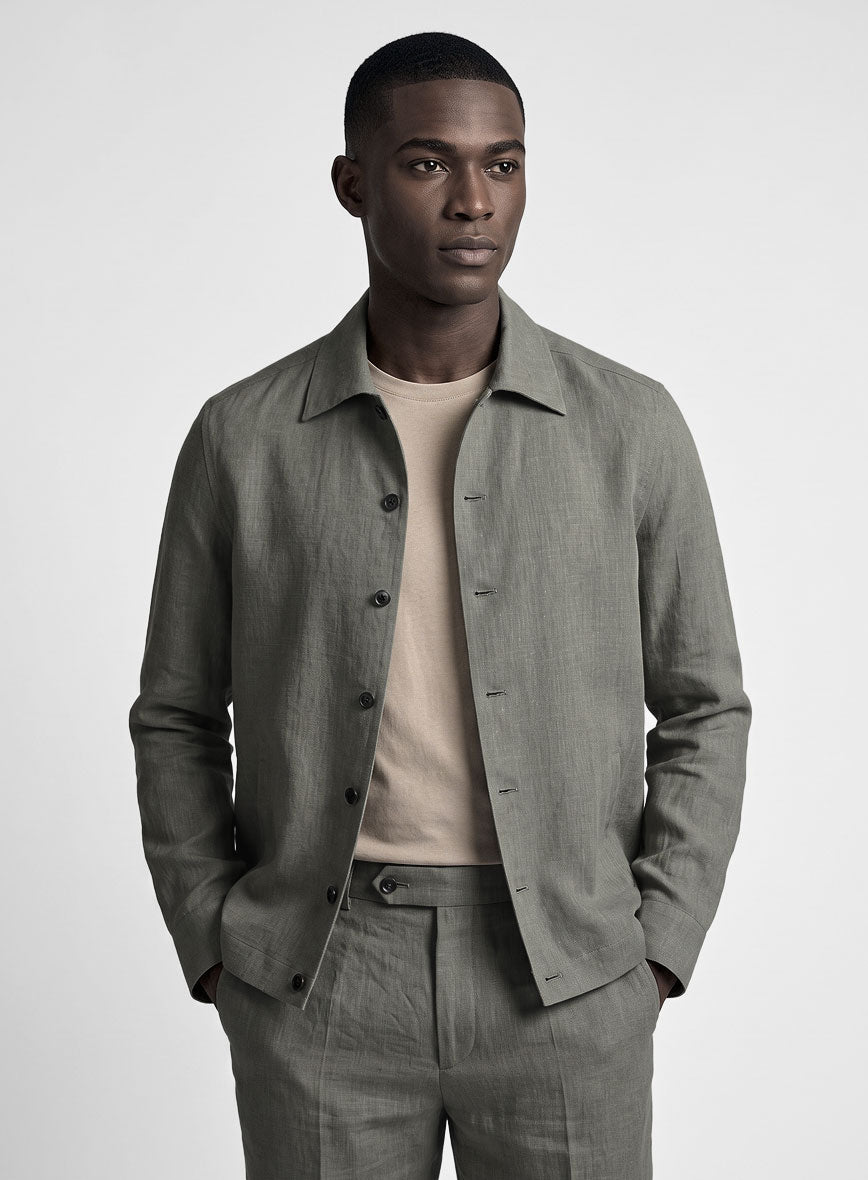 Trucker Sage Green Linen Shirt - StudioSuits
