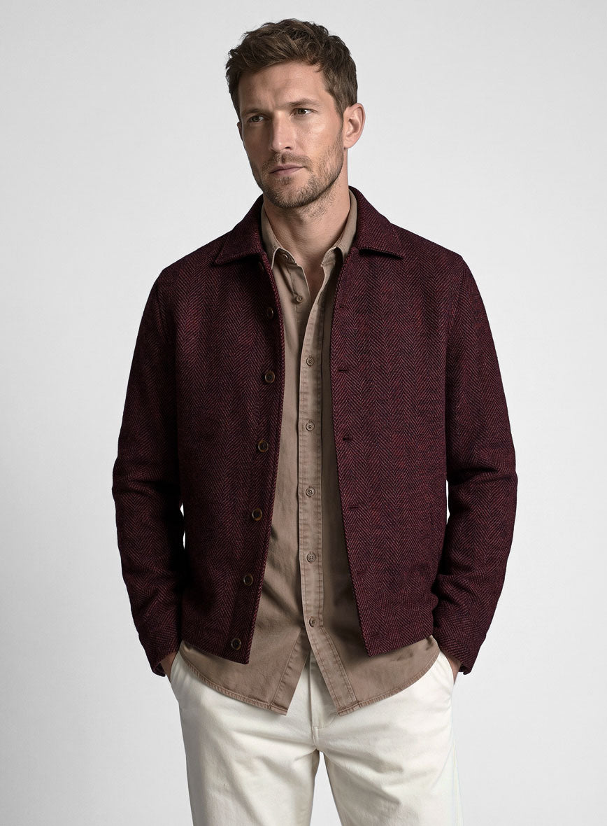 Trucker Wine Herringbone Tweed Shirt - StudioSuits