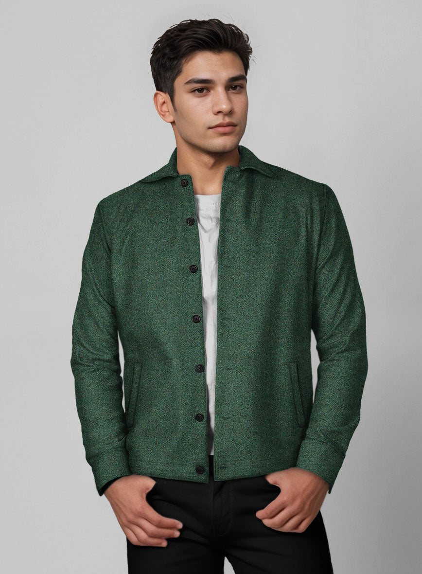 Trucker Bottle Green Herringbone Tweed Shirt - StudioSuits
