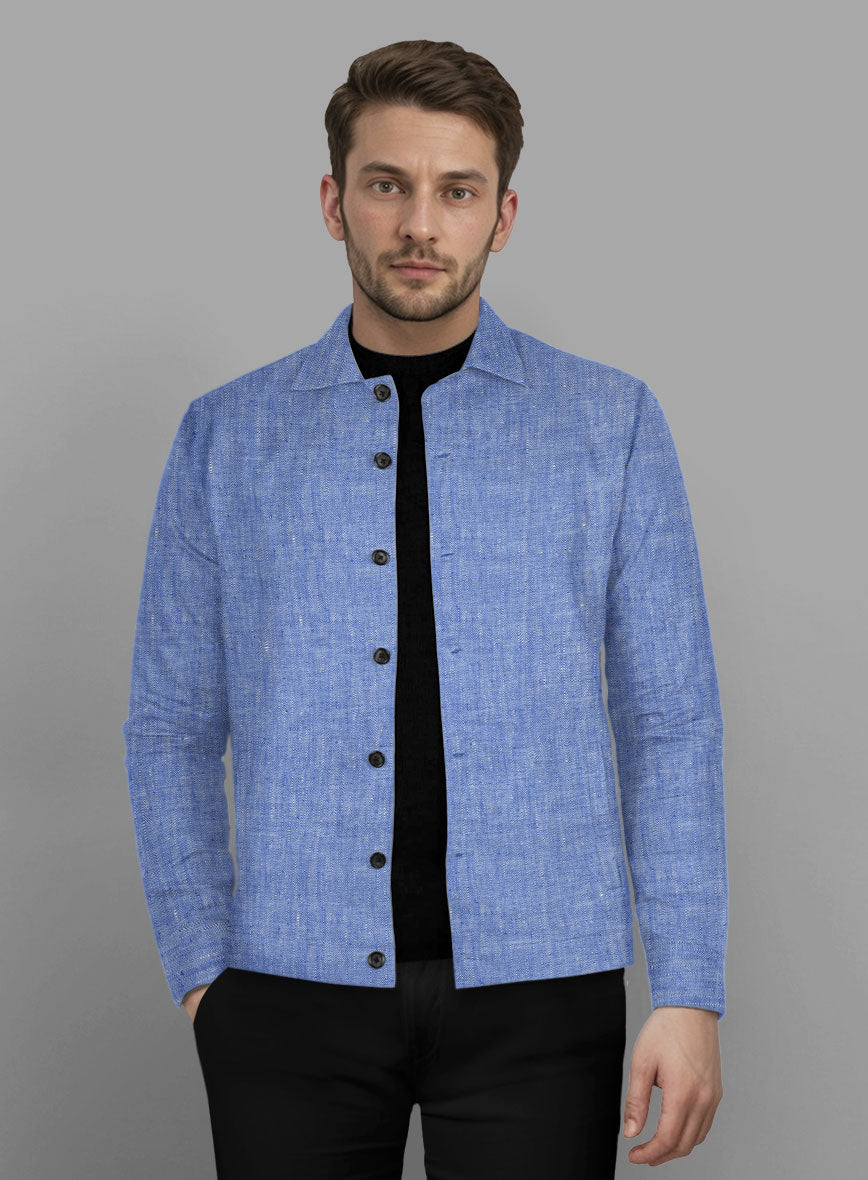 Trucker Italian Nile Blue Linen Shirt - StudioSuits