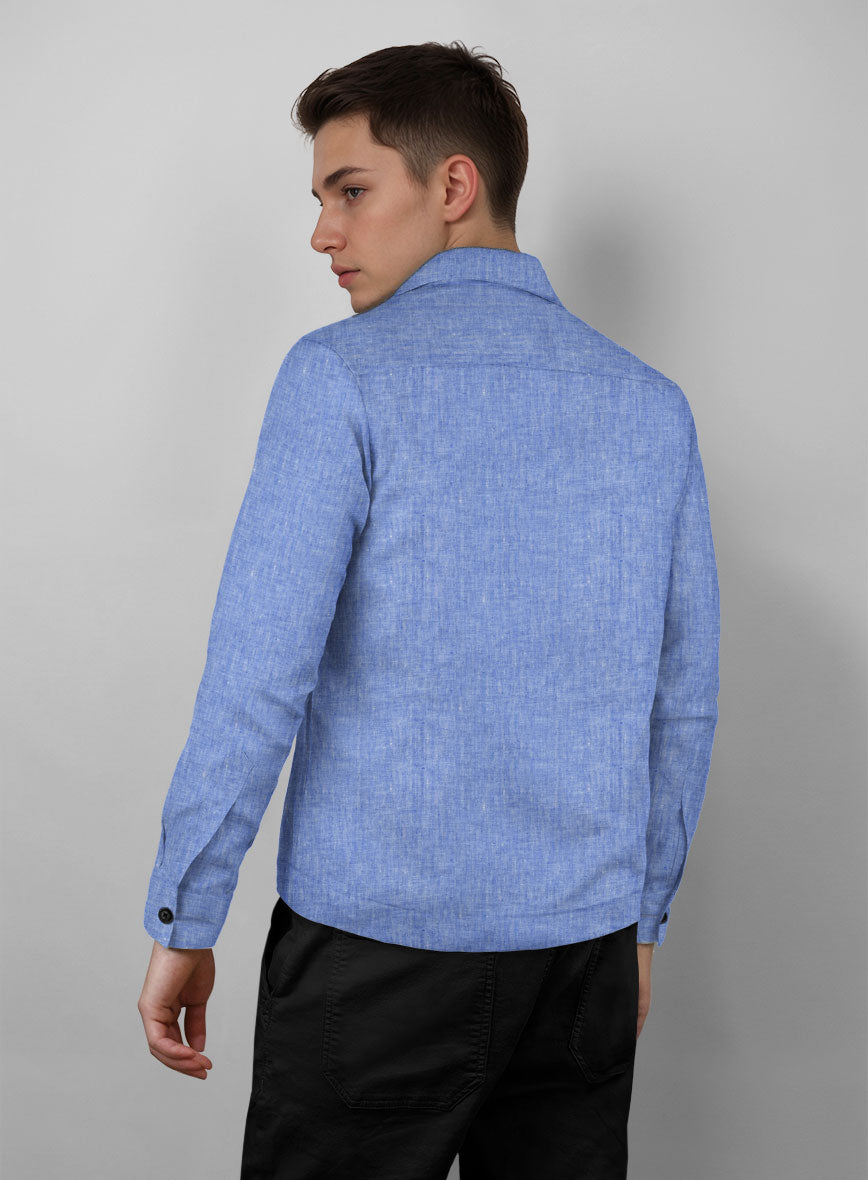 Trucker Italian Nile Blue Linen Shirt - StudioSuits